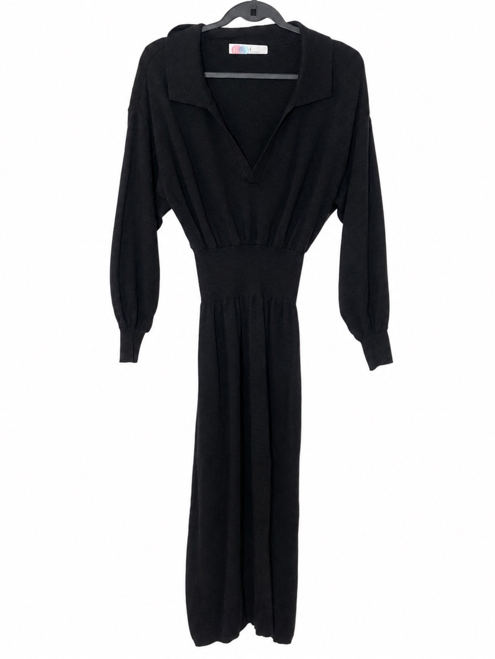 Free People Beach Black Knit Midi Dress Size Small V Neck Long Sleeve Front Slit